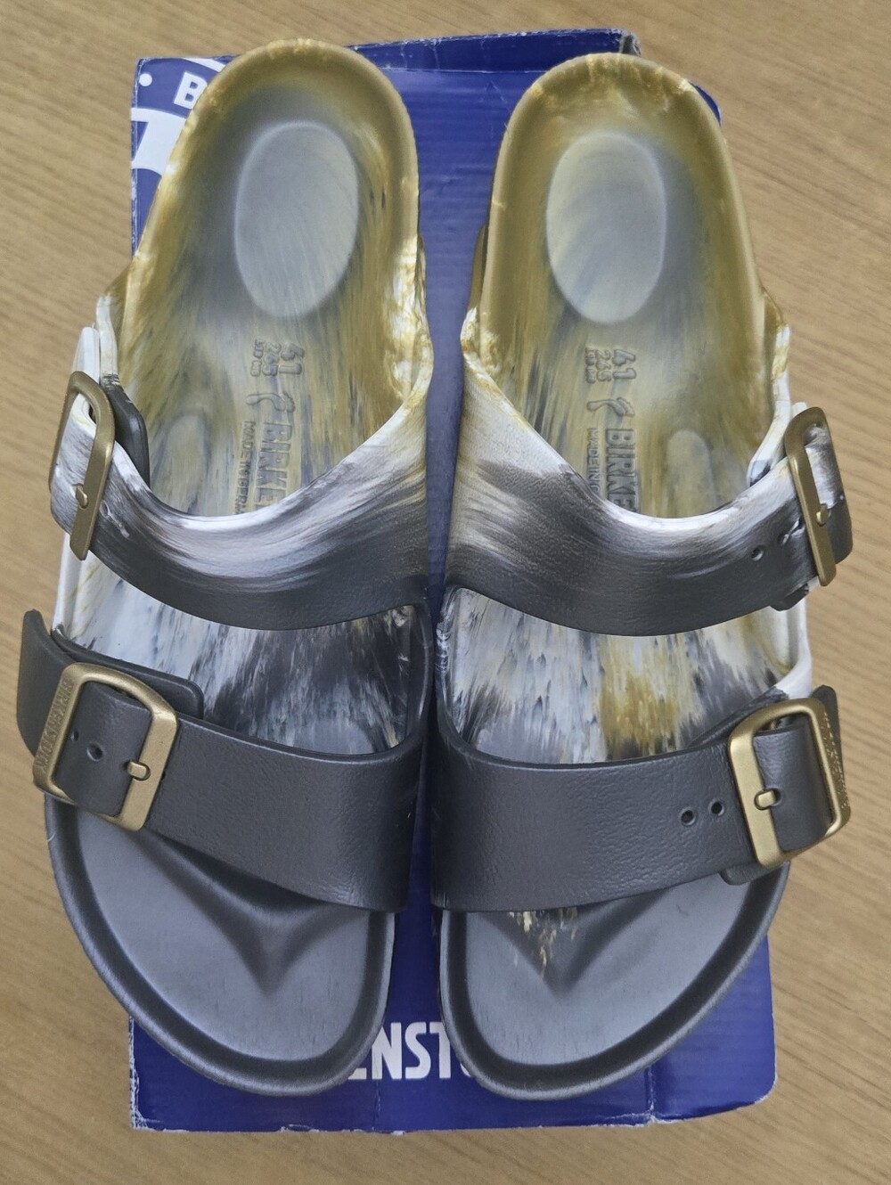 Birkenstock Women's Two-Strap Sandal - Gray with Marbled White and Gold Accents